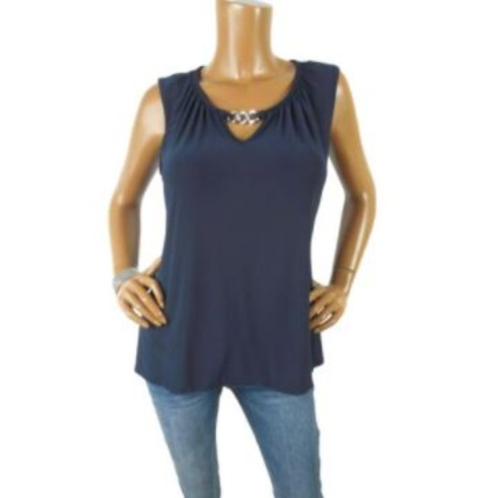 NOTATIONS Top M Navy Blue Shirt Stretch Sleeveless - Picture 1 of 7
